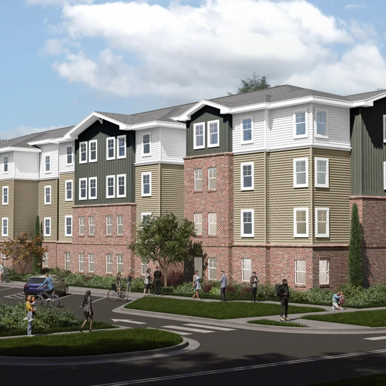 A modern multi-story residential building designed with a mix of brick and siding. The structure features several windows and balconies, surrounded by greenery. People are seen walking and cycling around the building in a landscaped area.