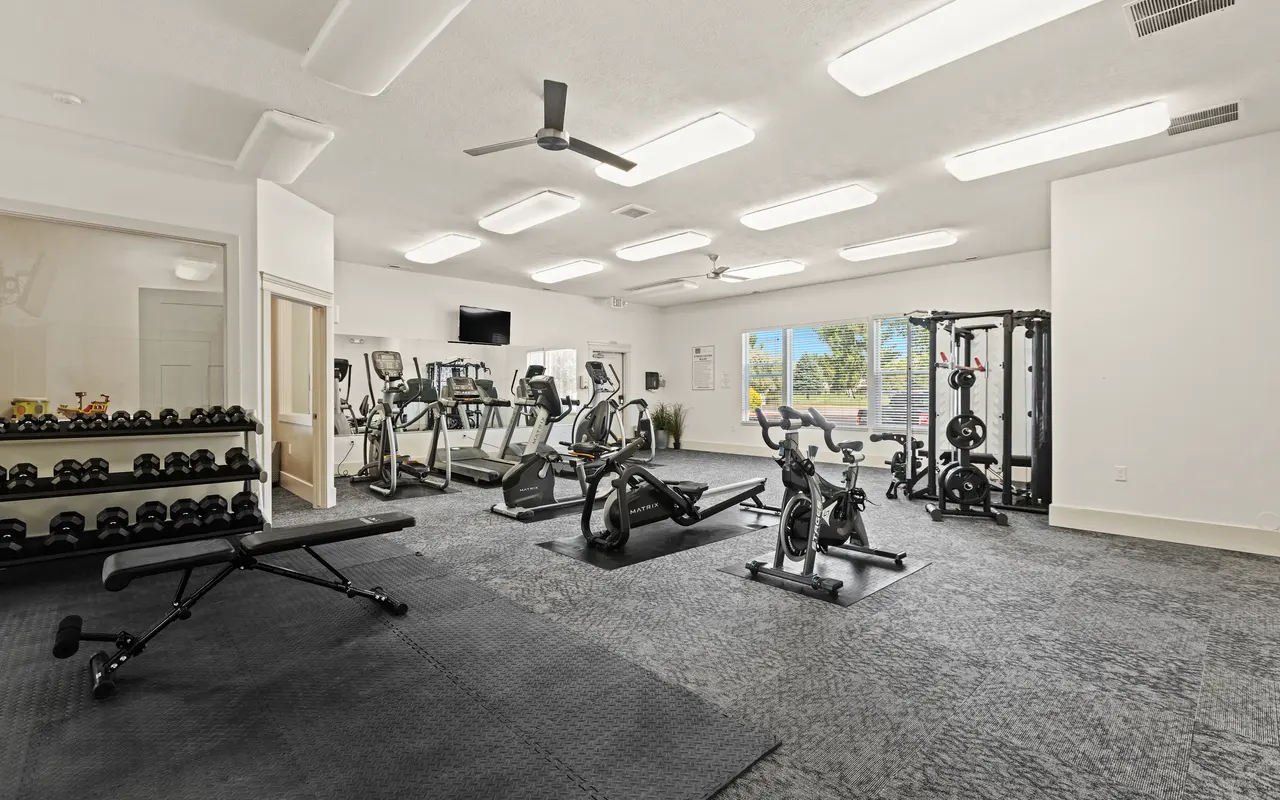 Modern Gym Interior A spacious modern gym interior featuring exercise equipment and large windows.