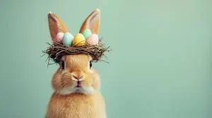 A cute rabbit wearing a nest on its head, adorned with pastel-colored Easter eggs.