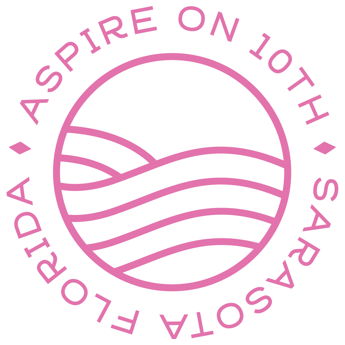 Logo for Aspire on 10th featuring stylized waves within a circular design, with the text 'Aspire on 10th, Sarasota, Florida' in pink.