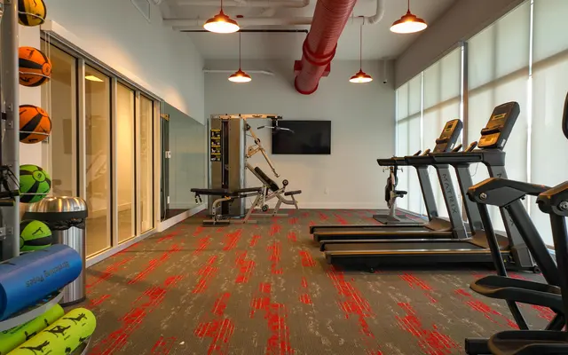 A spacious fitness center featuring exercise equipment like treadmills, stretching mats, and a multi-gym unit, along with colorful exercise balls and an open layout with natural light.