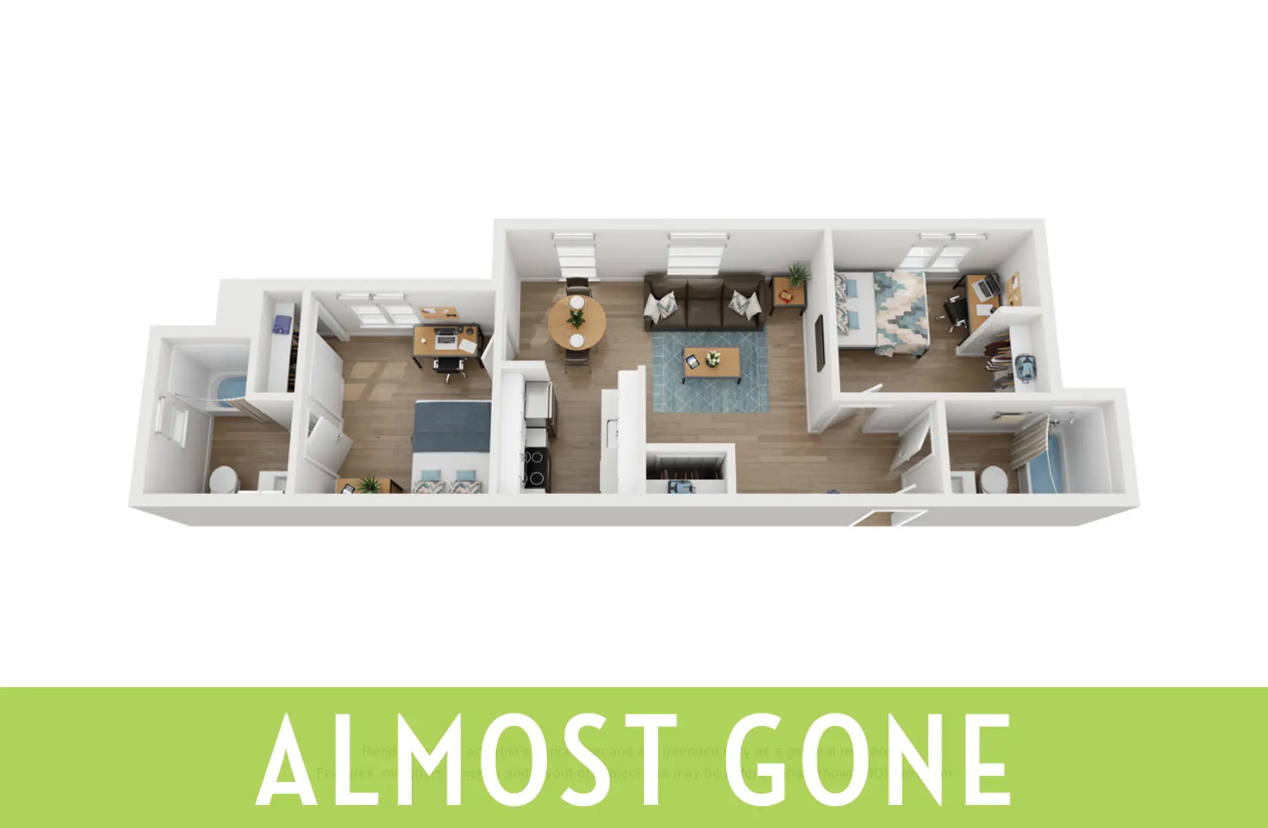 An aerial view of a floor plan showcasing a modern apartment layout with multiple rooms including living areas, bedrooms, and bathrooms.