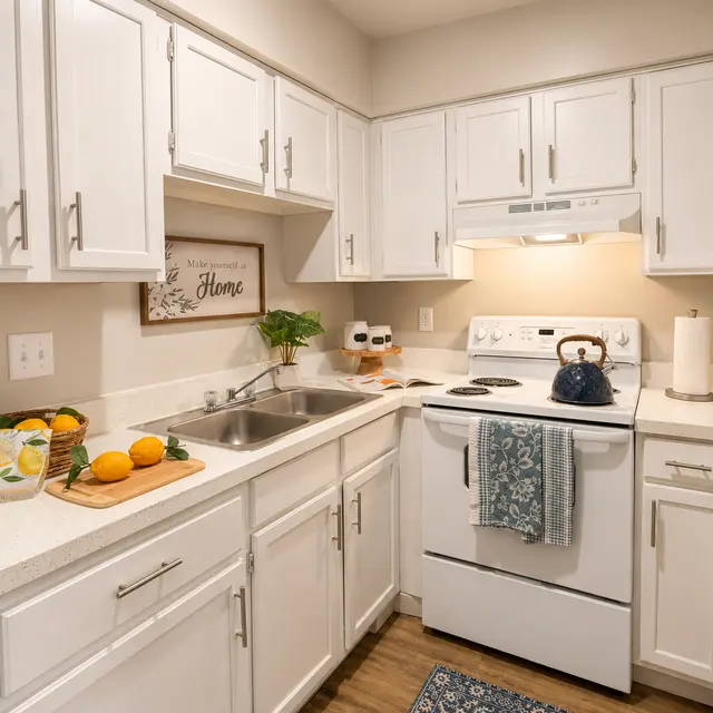 A bright and modern kitchen featuring white cabinets, a stove, and a decorative rug. A wooden cutting board with fruits is on the counter, along with a small plant and kitchen utensils.