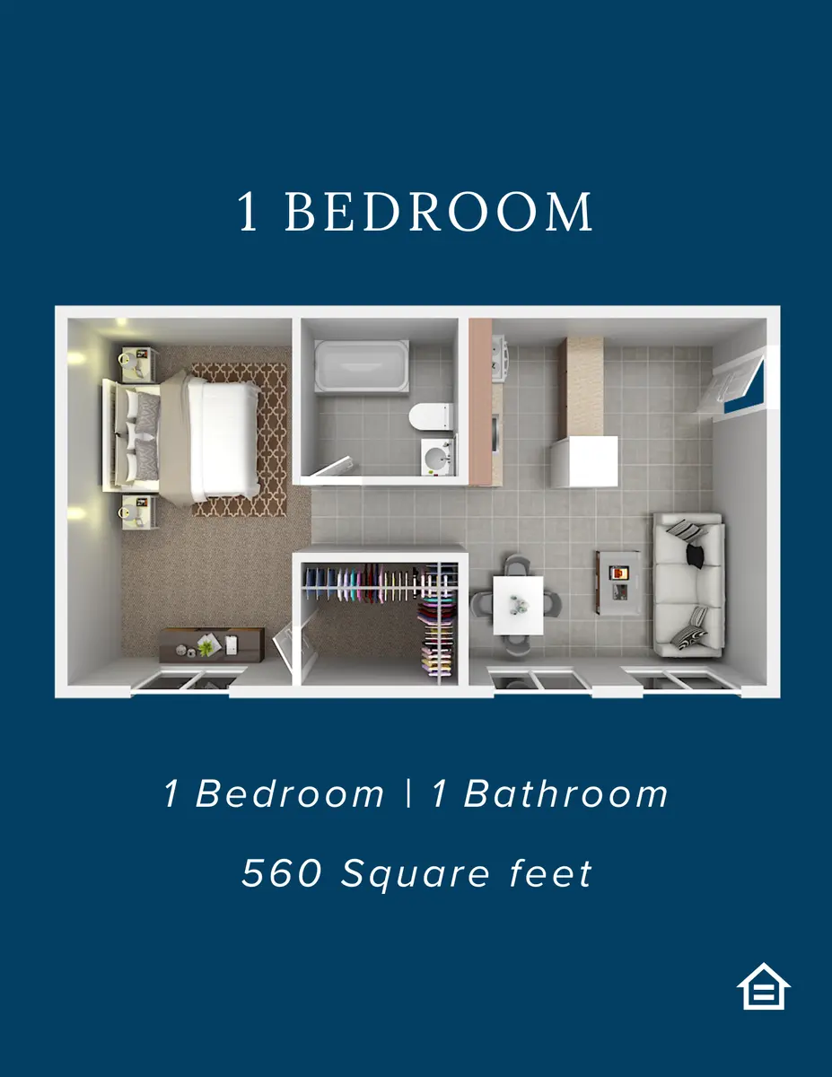 A floor plan of a one-bedroom apartment featuring a bedroom, bathroom, and living area with measurement details.