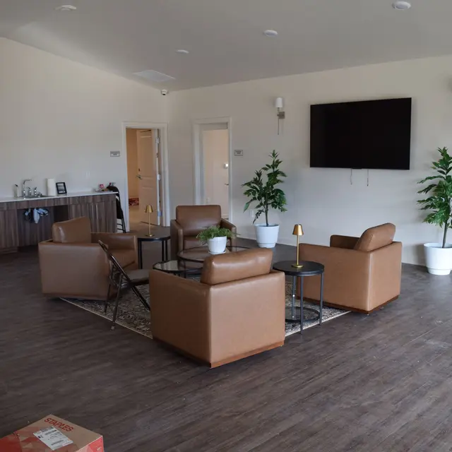 Modern Lounge Area A modern lounge area featuring brown leather chairs, a small coffee table with a plant, and a wall-mounted television. In the background, there is a kitchenette with a counter and some shelving. The floor is wood-like, and there are potted plants enhancing the decor.