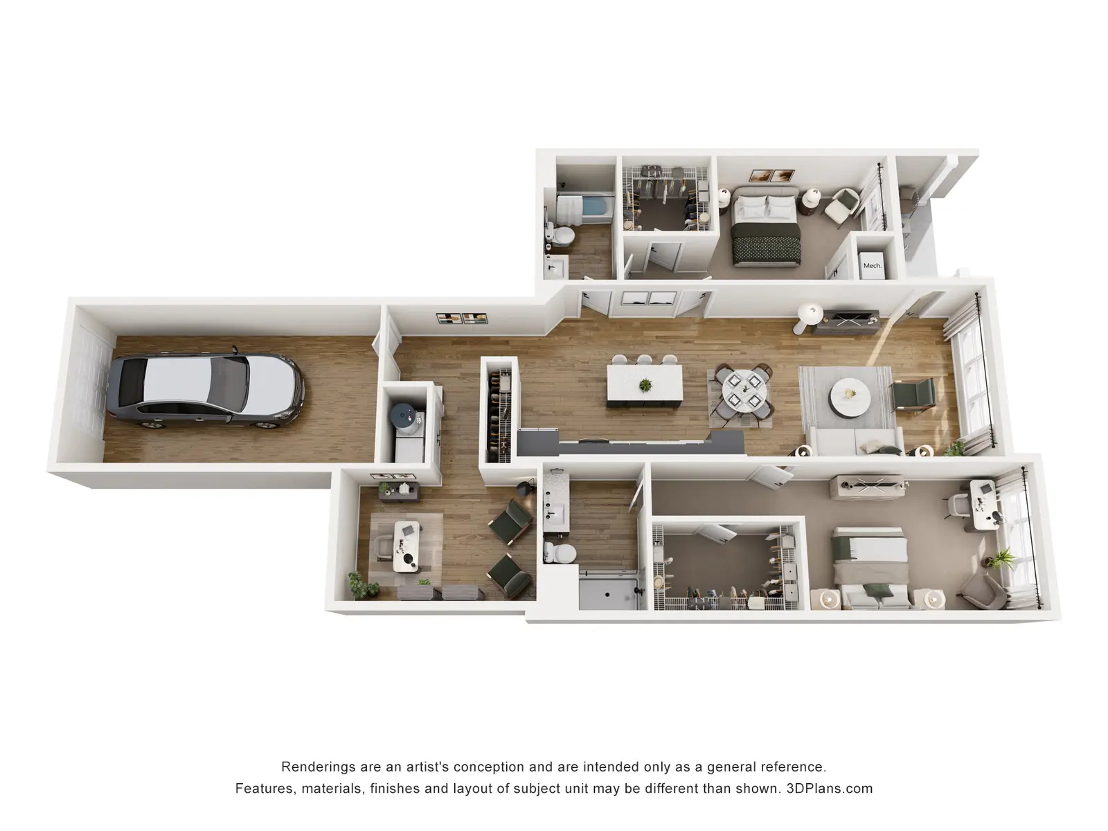 A modern floor plan depicting a small house. The layout includes a garage on the left, an open living area in the center, a dining area, a kitchen, a bedroom, and a bathroom, all furnished and brightly designed.
