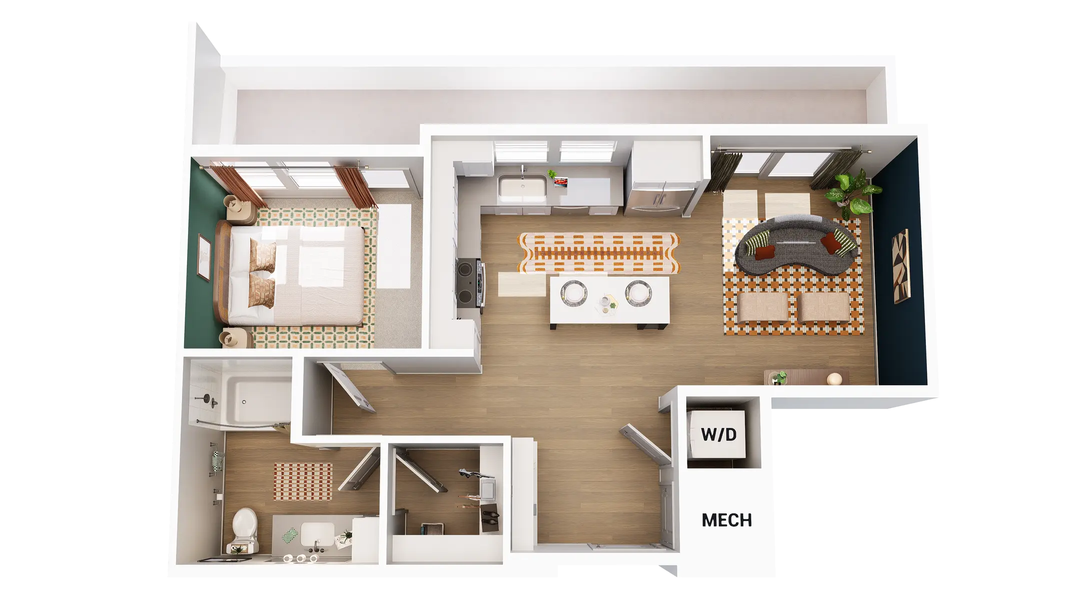 Modern Apartment Floor Plan A 3D floor plan of an apartment layout featuring a bedroom, living area, kitchen, dining space, bathroom, and utility/mechanical room.