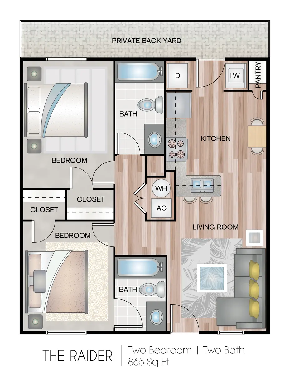 The Raider Apartment Floor Plan A floor plan for an apartment named 'The Raider', featuring two bedrooms, two bathrooms, a kitchen, and a living room with a private backyard.
