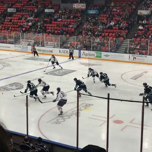 A hockey game in action with players from both teams on the ice; one team is in dark uniforms, while the other is in white uniforms. Spectators can be seen in the stands.