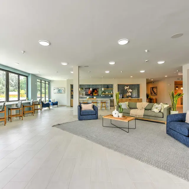 Modern Living Area A spacious and modern living area featuring large windows, comfortable seating, and a cozy atmosphere. There are chairs and tables on one side, and a stylish kitchen area in the background.