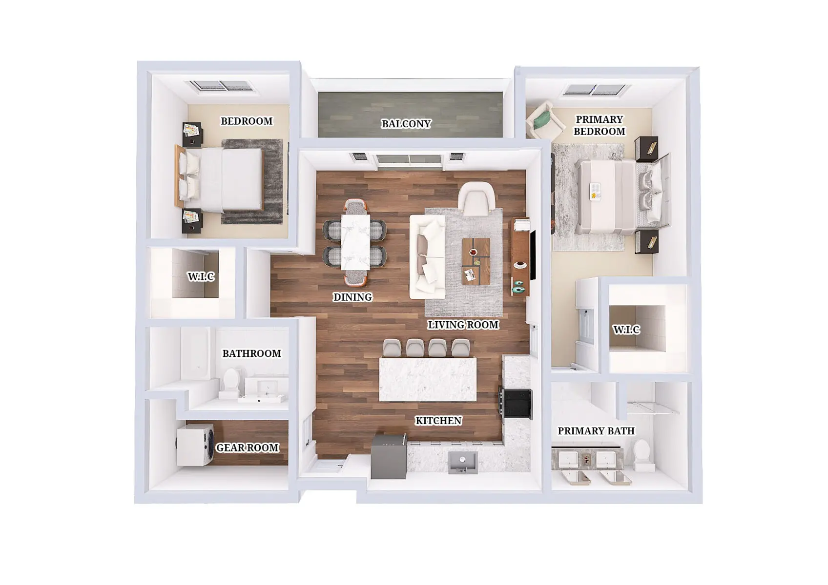 A floor plan of a modern apartment layout showing various rooms including a primary bedroom, bedroom, dining area, living room, kitchen, balcony, and bathrooms labeled appropriately.