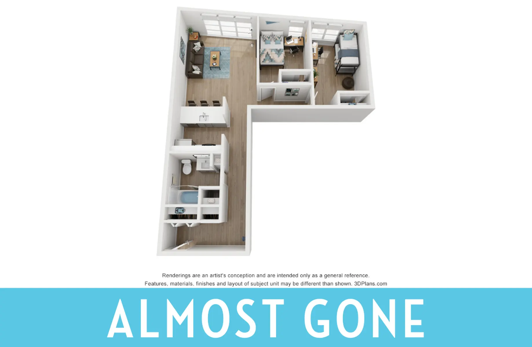 An overhead view of a modern apartment floor plan, showing rooms including a living area, kitchen, bedroom, and bathroom.