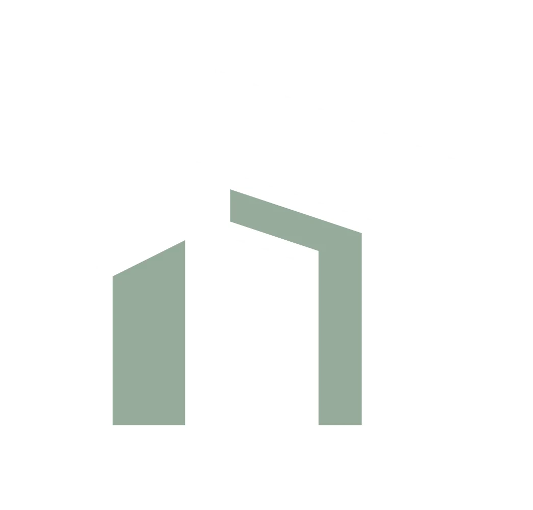 An abstract representation of buildings with geometric shapes in shades of light green and white.