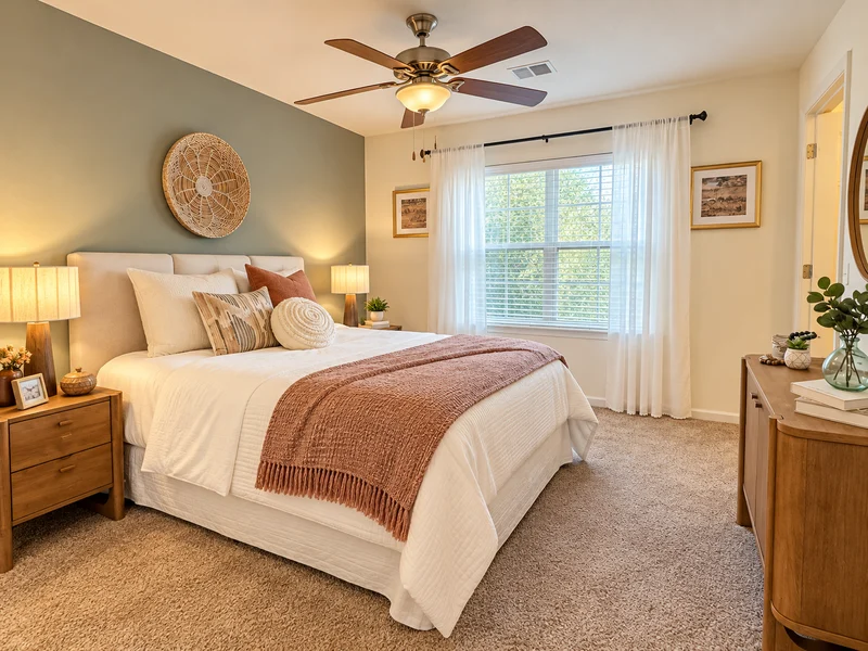 A cozy bedroom featuring a comfortable bed with a beige blanket and decorative pillows, a ceiling fan, ambient lighting from lamps on either side, and a window with sheer curtains letting in natural light. Soft carpet flooring and a wooden dresser complete the inviting atmosphere.