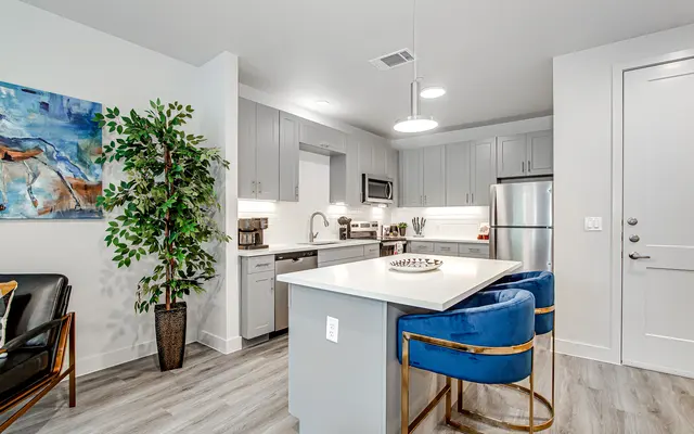 A modern kitchen with gray cabinets and stainless steel appliances, featuring a large island with seating. A plant and artwork decorate the space, alongside a stylish chair in the living area.