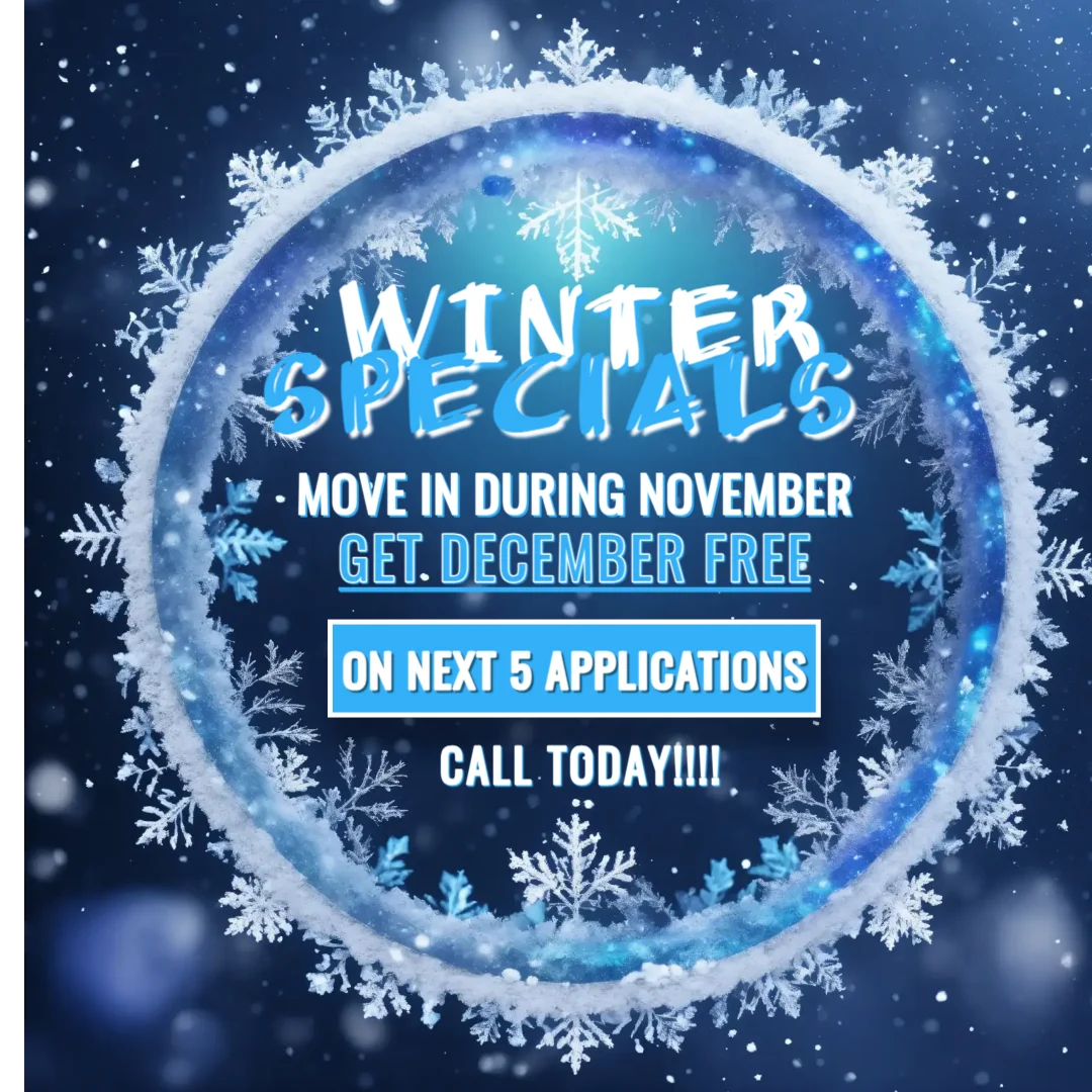 A promotional graphic for winter specials featuring a blue winter theme with snowflakes and bright text.