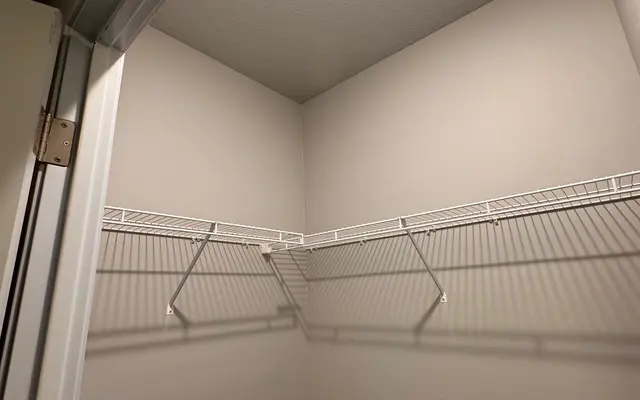 Small Closet Interior A small closet with white wire shelving against the walls, dimly lit by a ceiling light. The walls are painted in a light gray color.