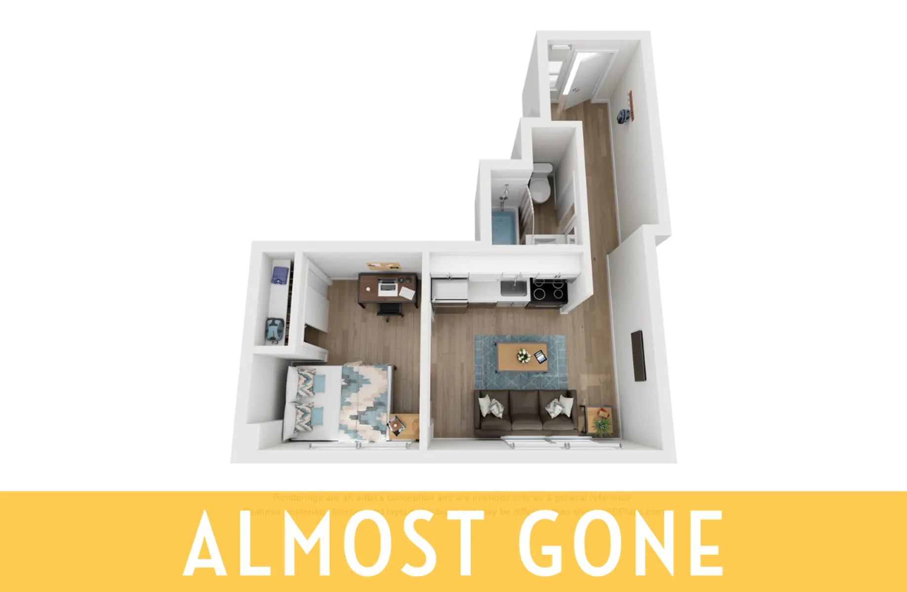 A top-down view of a modern apartment layout featuring a living room, kitchen, bathroom, and bedroom. The design showcases contemporary furnishings and an open concept.