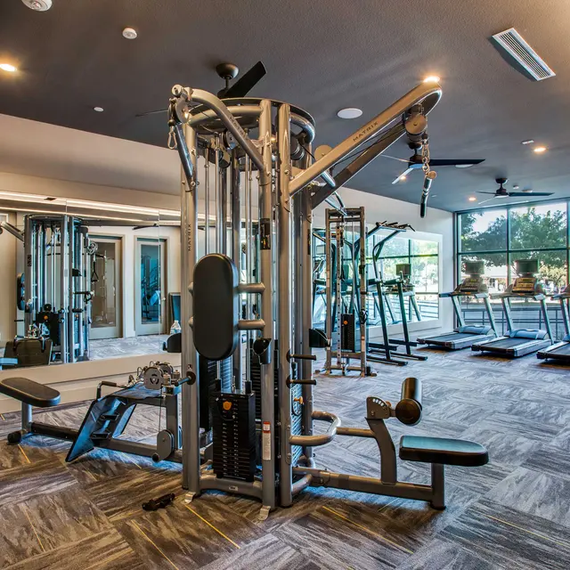 A spacious modern gym featuring a multi-station exercise machine, benches, and treadmills with large windows for natural light.