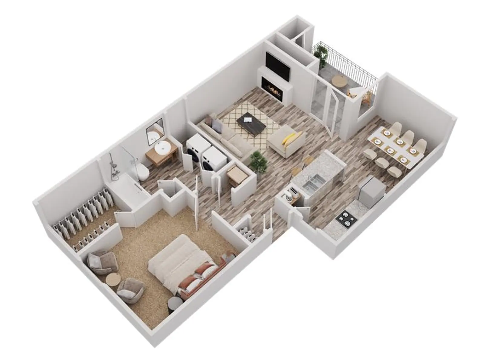 Three-dimensional floor plan of an apartment featuring a living area, kitchen, dining area, and two bedrooms.