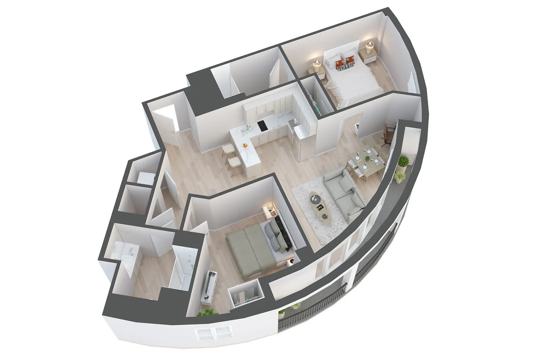 A 3D rendering of a modern apartment floor plan showcasing multiple rooms including a living area, kitchen, dining area, bedroom, and bathroom.