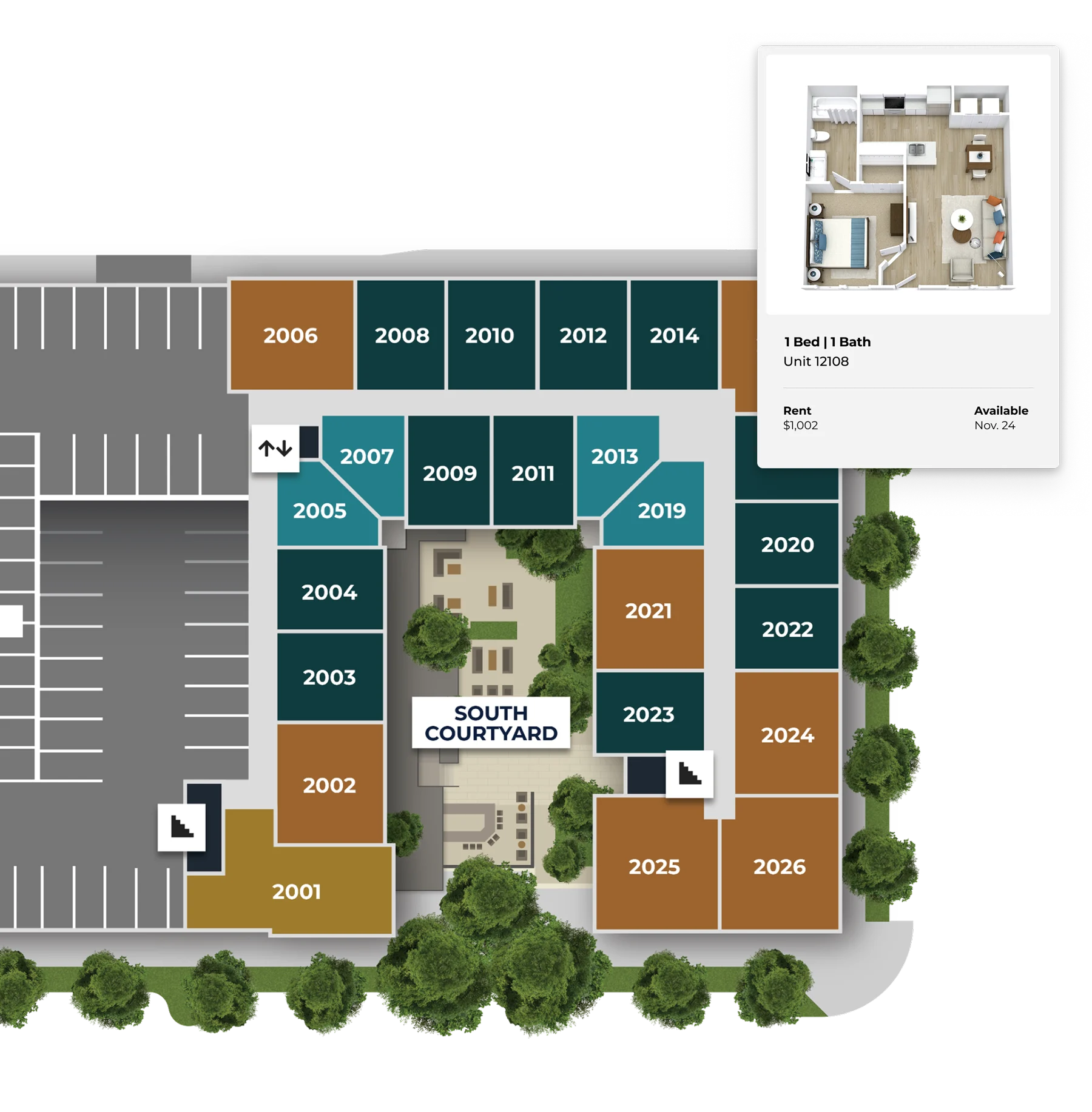 Apartment Complex Layout and Availability Map of an apartment complex layout showing units and parking areas with details about a 1-bedroom apartment for rent.