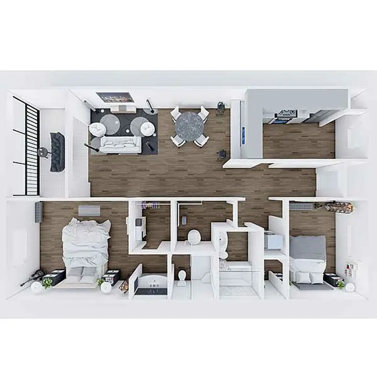 An aerial view of a modern apartment layout featuring a living area, dining area, kitchen, bathroom, and three bedrooms.