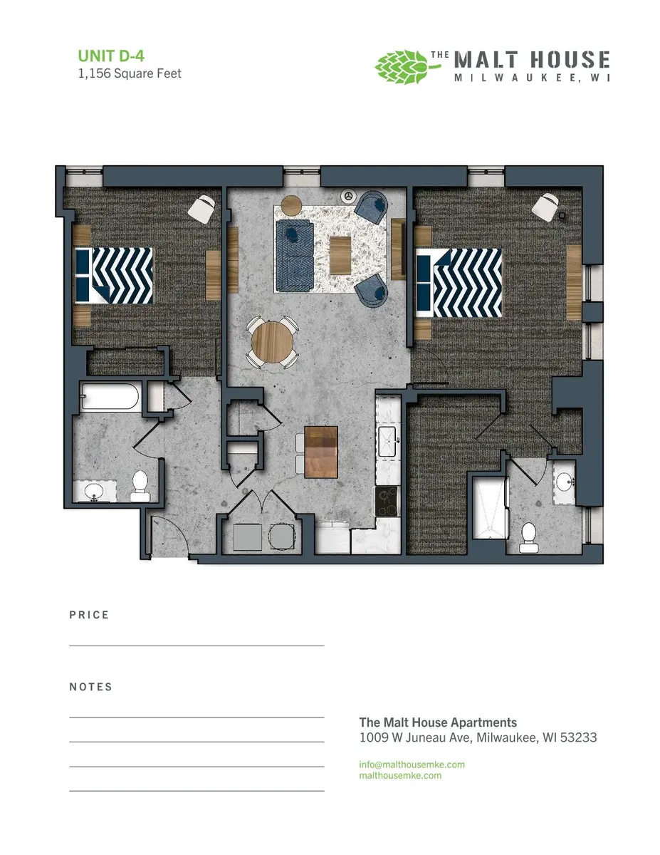 Floor plan for Unit D-4 at The Malt House apartments, measuring 1,156 square feet, featuring two bedrooms and a living area.