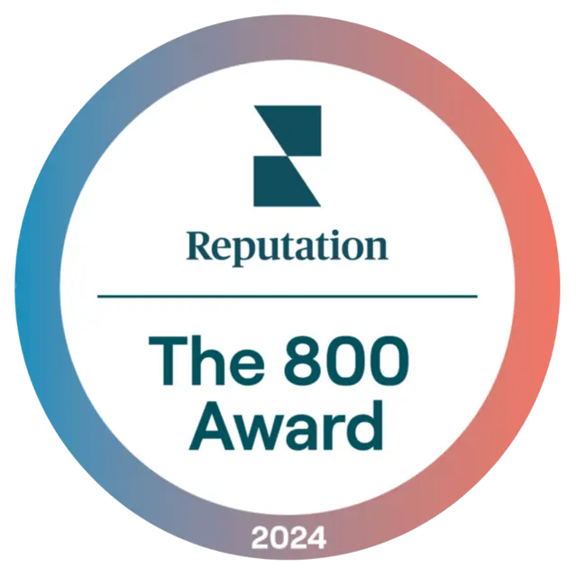 A circular award badge featuring the text "Reputation", "The 800 Award", and "2024". The background has a gradient transitioning from blue to red.