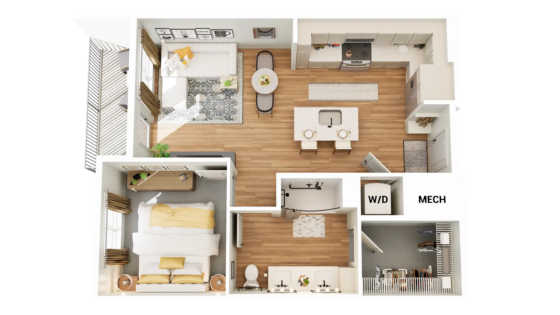A detailed layout of a one-bedroom apartment featuring a living area, kitchen, dining space, bedroom, and a bathroom.