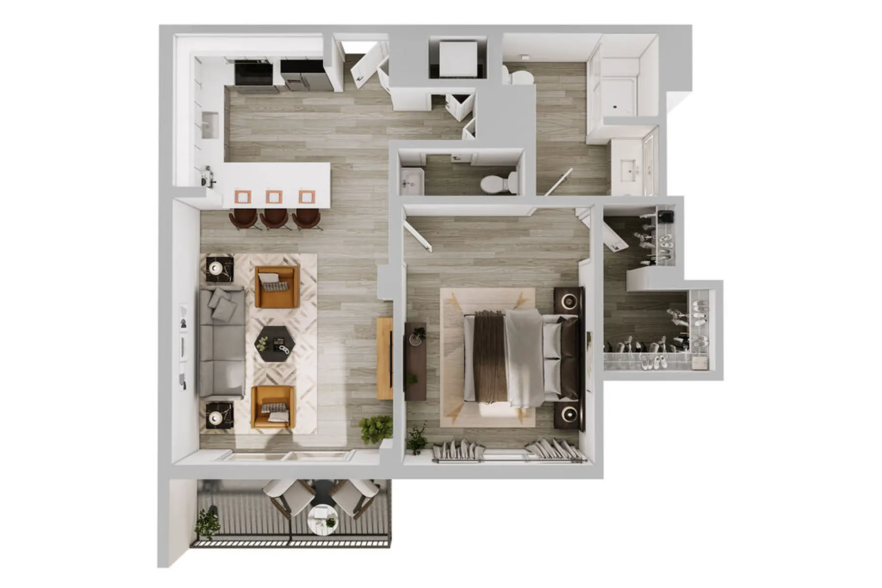 A top-down view of a modern apartment floor plan, featuring an open living area with a seating arrangement, dining space, kitchen, one bedroom, and a small balcony area.