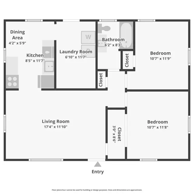 A detailed floor plan of a house showing the layout of rooms including a dining area, kitchen, laundry room, bathroom, living room, and two bedrooms.