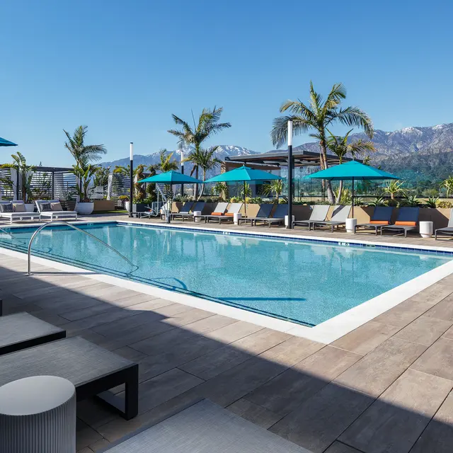 A rooftop pool with lounge chairs and umbrellas, surrounded by palm trees and mountains in the background.