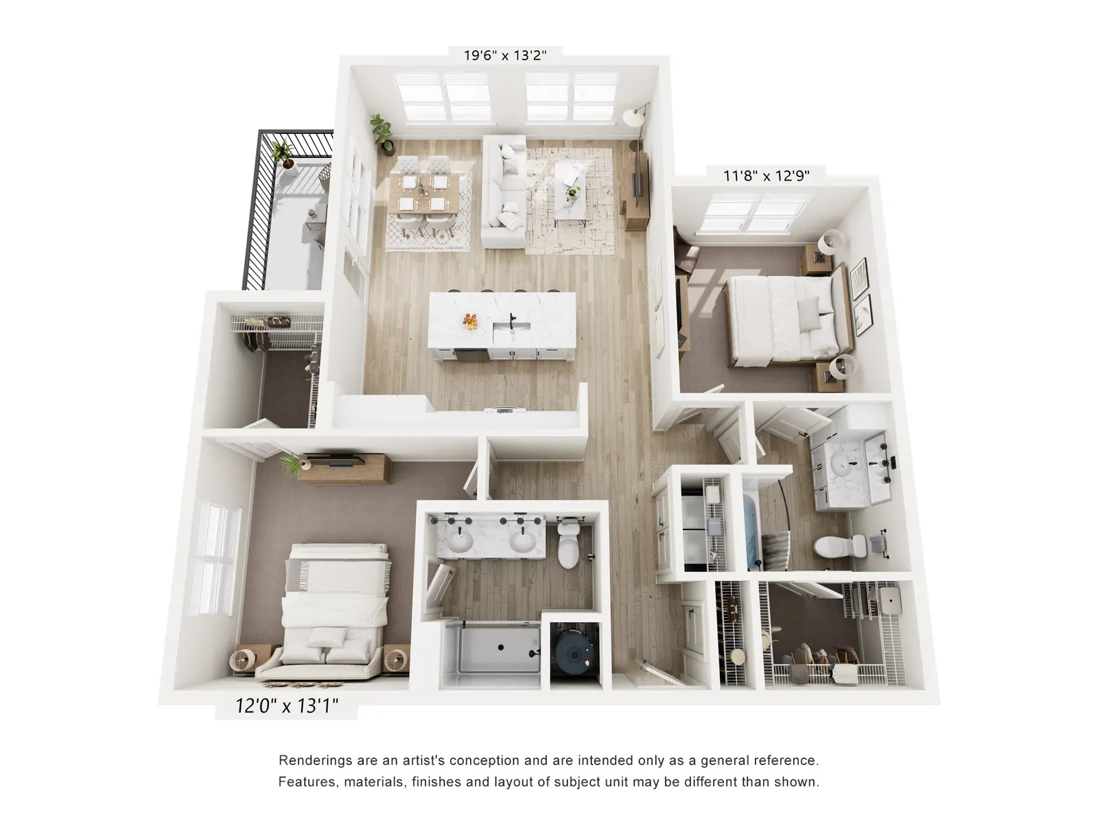 3D floor plan layout of an apartment showing different rooms including a dining area, living room, bedrooms, and bathrooms.