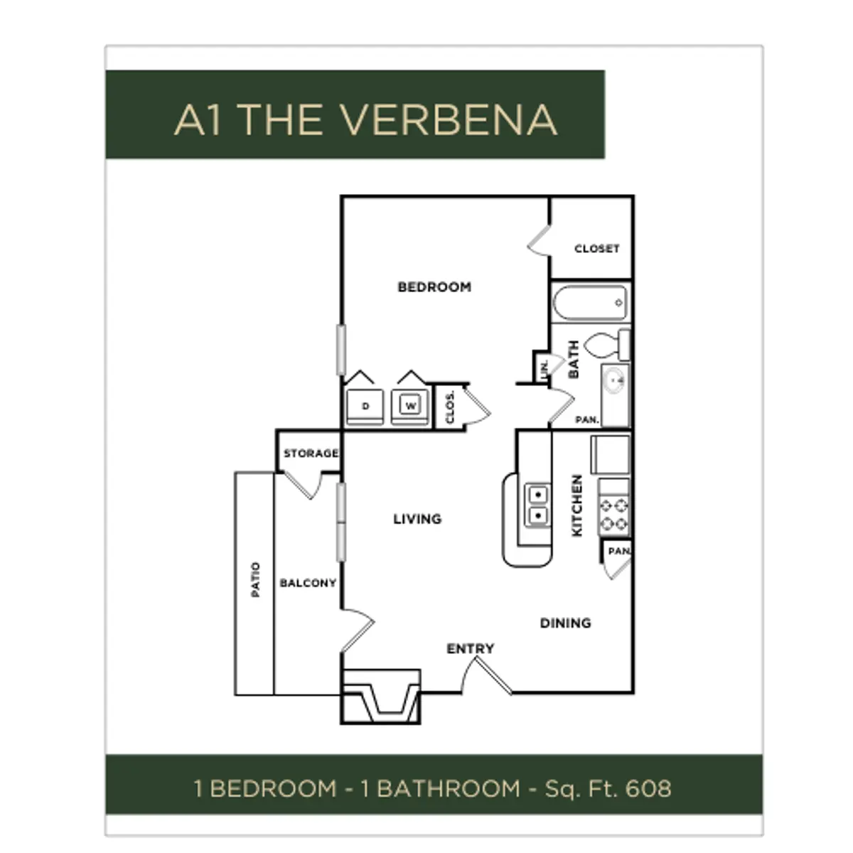A1 The Verbena Apartment Floor Plan Floor plan of a 1-bedroom, 1-bathroom apartment labeled 'A1 The Verbena' with a total area of 608 square feet.