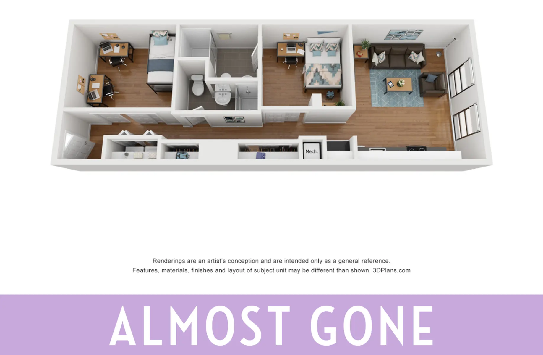 A 3D floor plan of an apartment layout showing rooms including bedrooms, a bathroom, and a living area, with a banner stating 'ALMOST GONE' at the bottom.