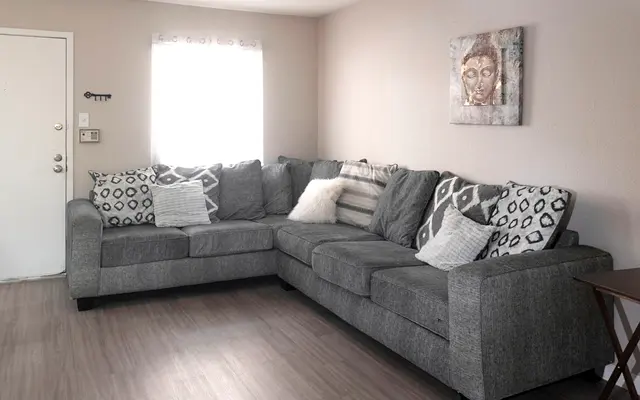 A cozy living room featuring a gray sectional couch with patterned pillows, a small side table, and a window letting in natural light.