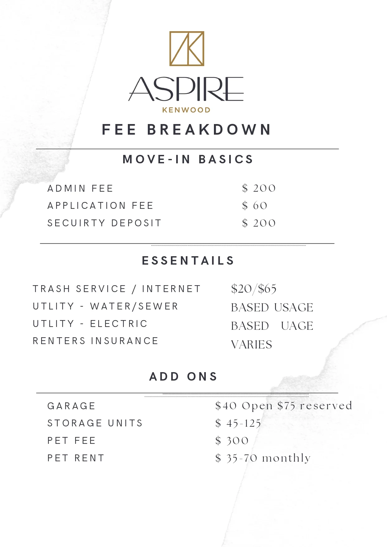 Fee breakdown for Aspire Kenwood including move-in basics and additional costs.