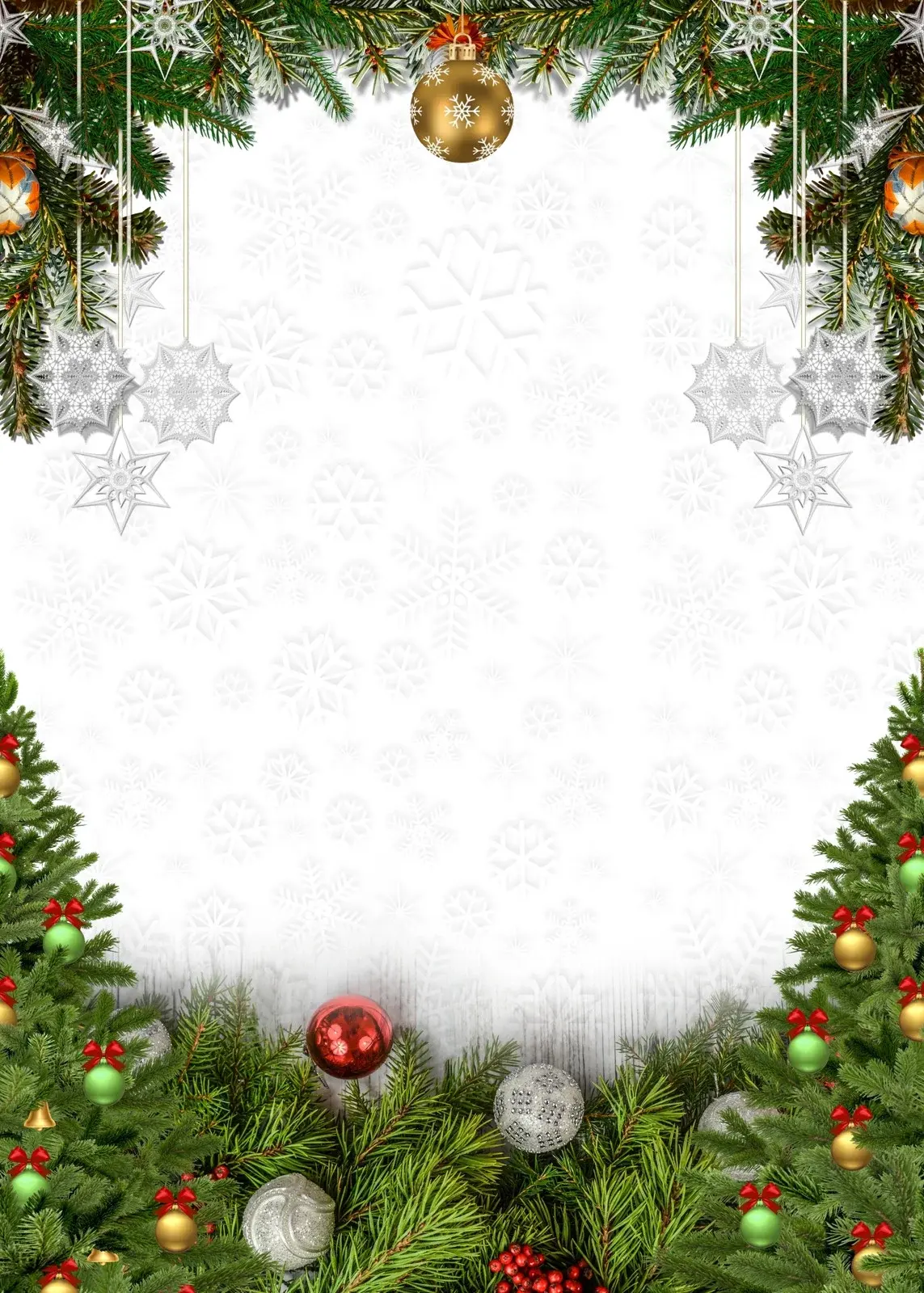 A festive Christmas background featuring green pine branches adorned with ornaments, snowflakes, and hanging decorations at the top, creating a decorative border. The center is blank and white, ideal for text or images.