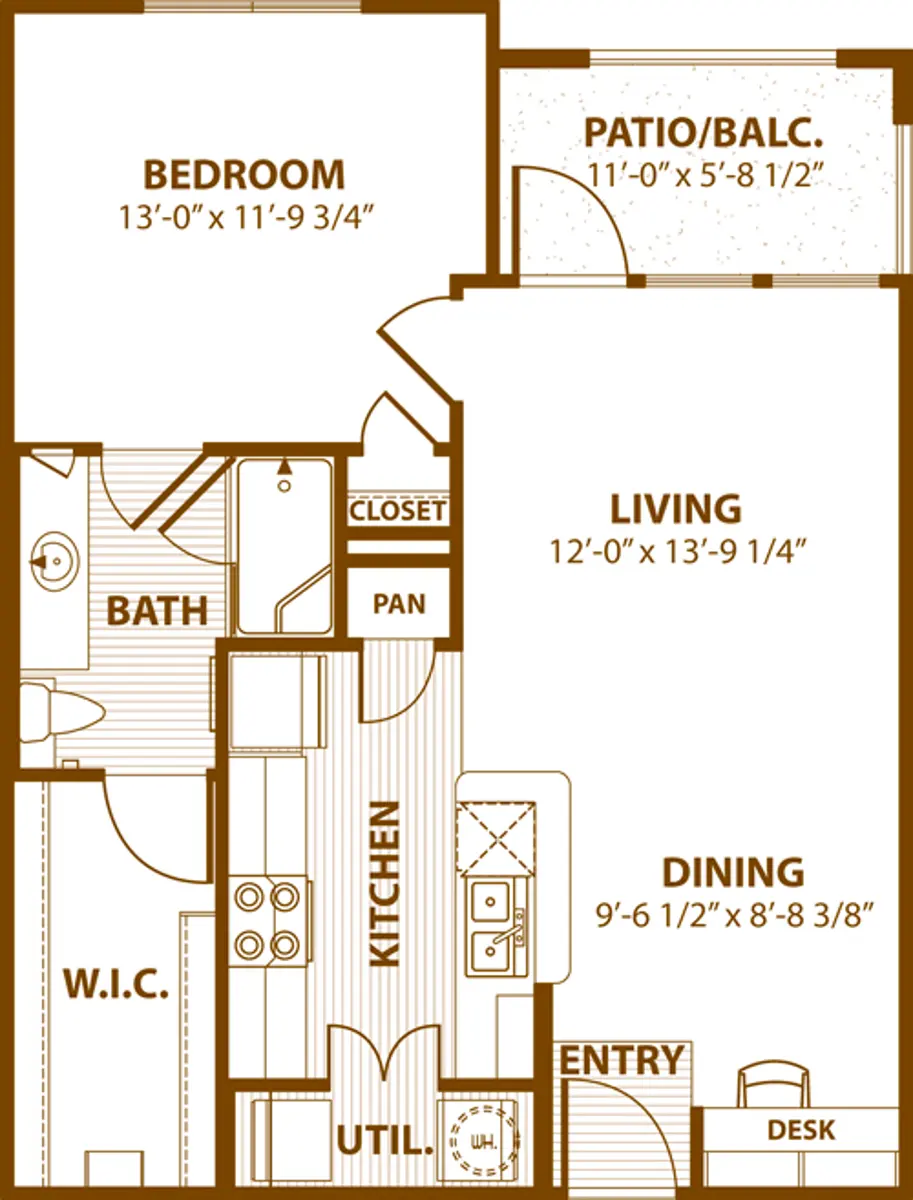 A detailed apartment floor plan showing the layout of rooms. The layout includes a bedroom, bathroom, kitchen, living room, dining area, utility room, and a patio/balcony. Measurements for each room are listed next to their respective spaces.