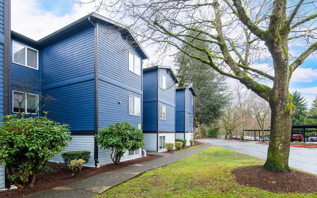Exterior view of blue apartment buildings lined with green bushes on a pathway, with a tree in the foreground and a cloudy sky.