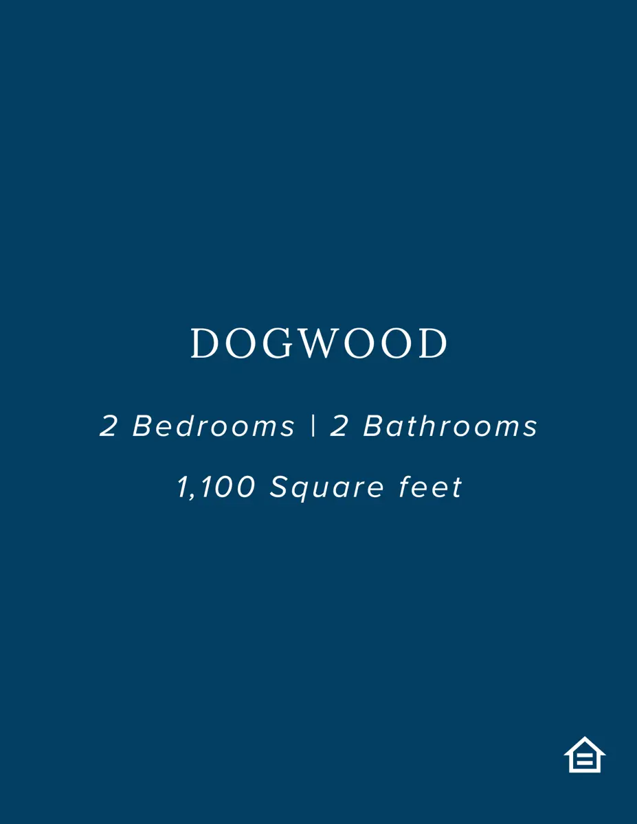 A graphic listing for a property named Dogwood featuring details about 2 bedrooms, 2 bathrooms, and 1,100 square feet.