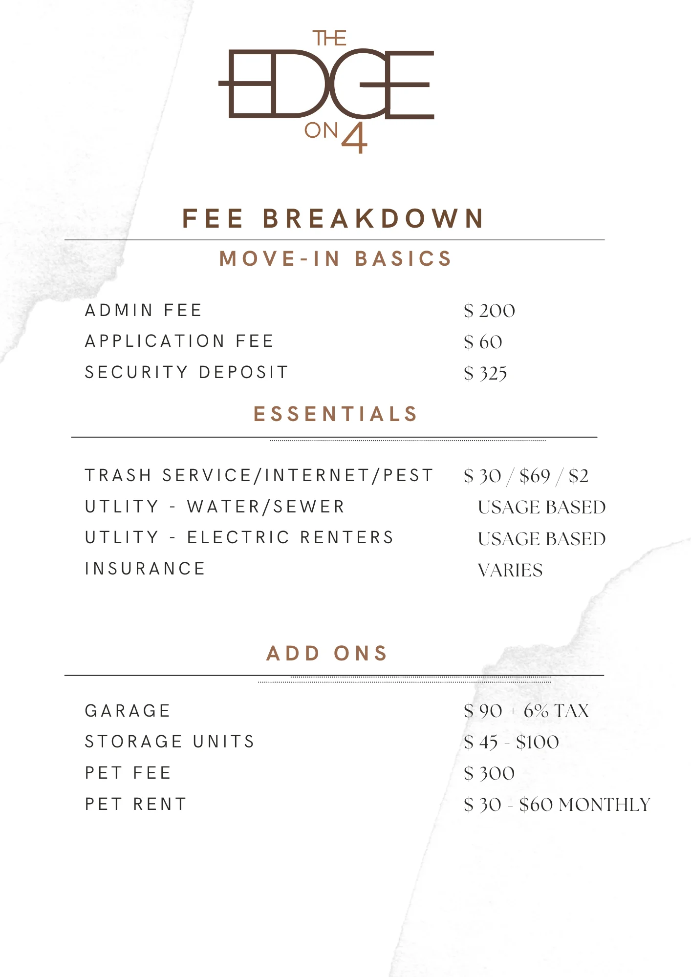 A fee breakdown menu for The Edge on 4, detailing move-in basics, essential services, and additional fees with respective costs.