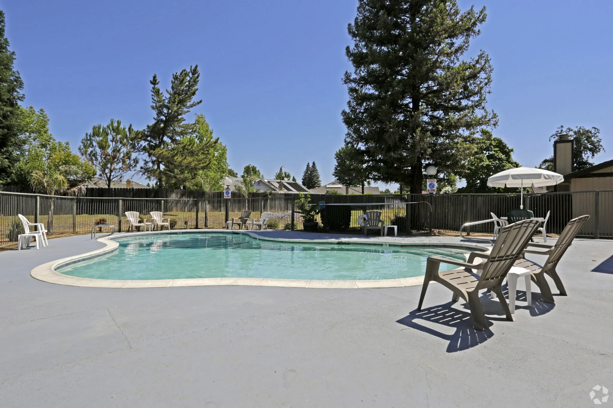 An outdoor swimming pool surrounded by lounge chairs and trees on a clear day.