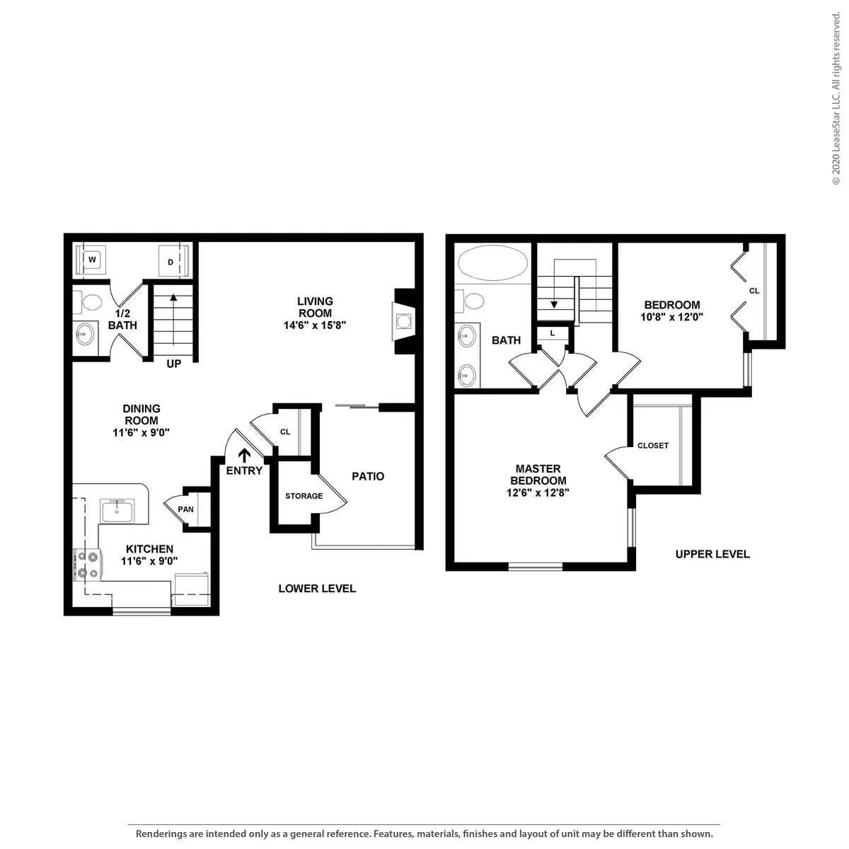A detailed floor plan illustration showing the layout of a two-level home, including labeled rooms such as living room, dining room, kitchen, bedrooms, bathrooms, and patio areas. It includes measurements for each room.