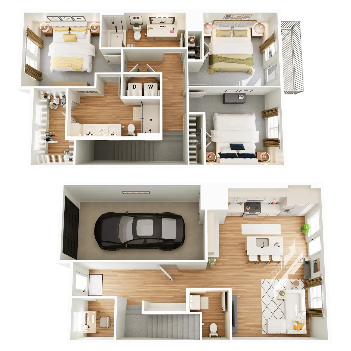 An overhead view of a modern two-story house floor plan. The upper level features three bedrooms, two bathrooms, and a hallway. The lower level includes a garage, kitchen, dining area, living room, and an additional bathroom.