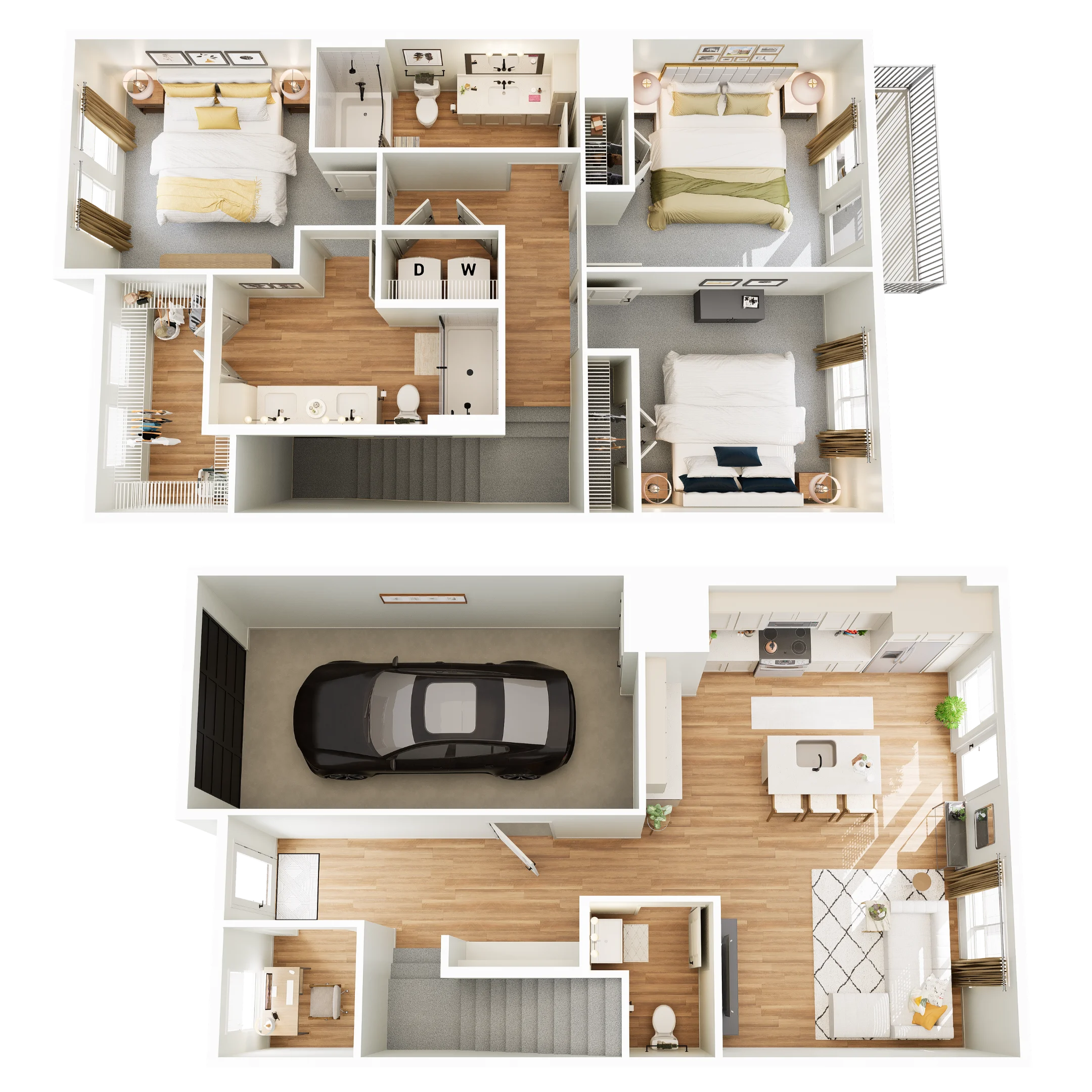 An overhead view of a modern two-story house floor plan. The upper level features three bedrooms, two bathrooms, and a hallway. The lower level includes a garage, kitchen, dining area, living room, and an additional bathroom.