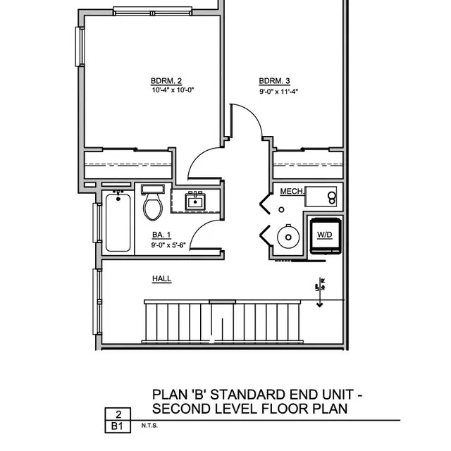 A floor plan diagram of a second level unit labeled as Plan 'B'. The layout features three bedrooms, a bathroom, a mechanical room, and a hallway accessing stairs.