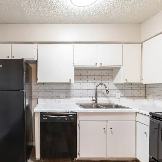 A modern kitchen featuring white cabinets, a double sink, a black refrigerator, a black dishwasher, and a stove with a hood, set against a tiled backsplash.