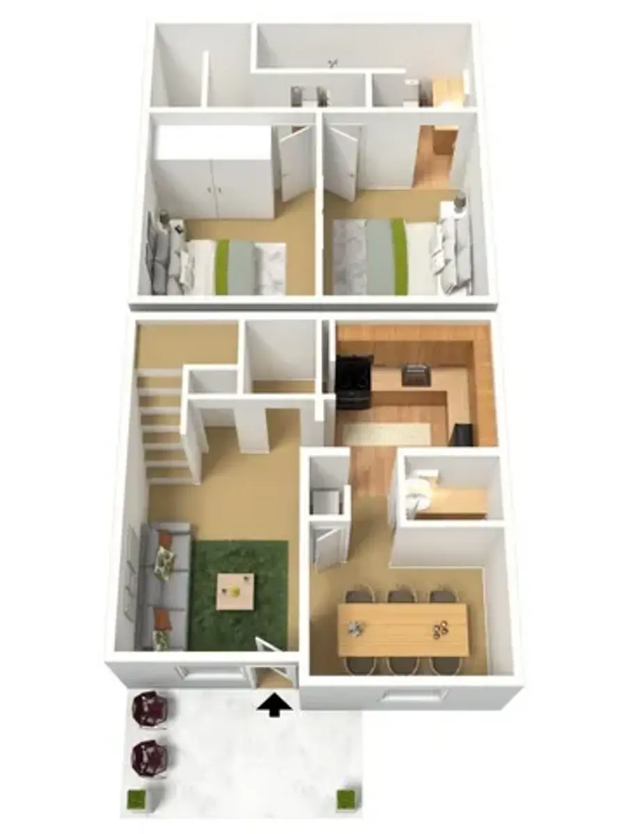 A 3D floor plan of an apartment featuring two bedrooms, a living area, a kitchen, and a dining area. The layout emphasizes functional spaces with clear divisions between rooms.